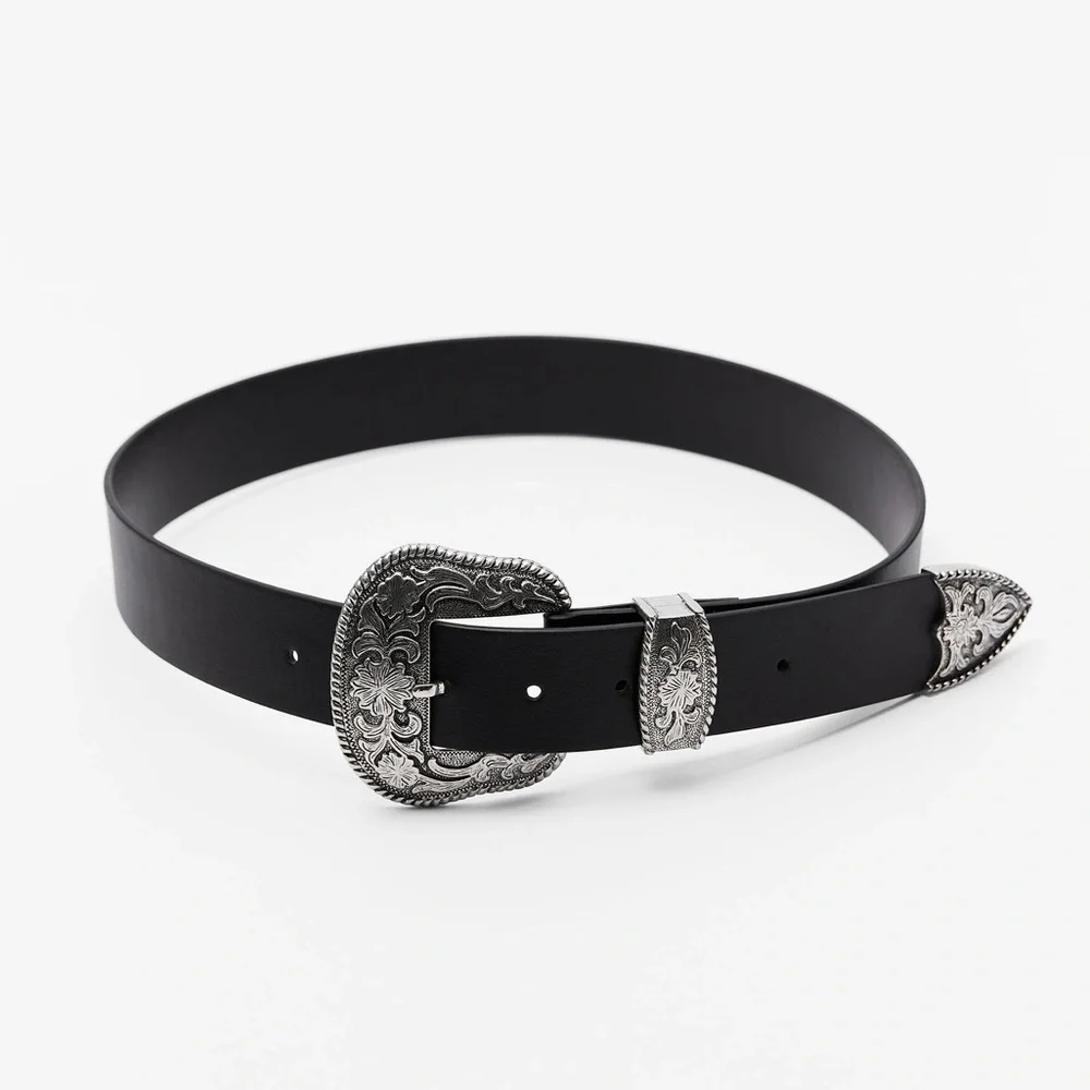 NWT. Zara Black Vegan Leather Embossed Western Silver Buckle Belt. Size 30.